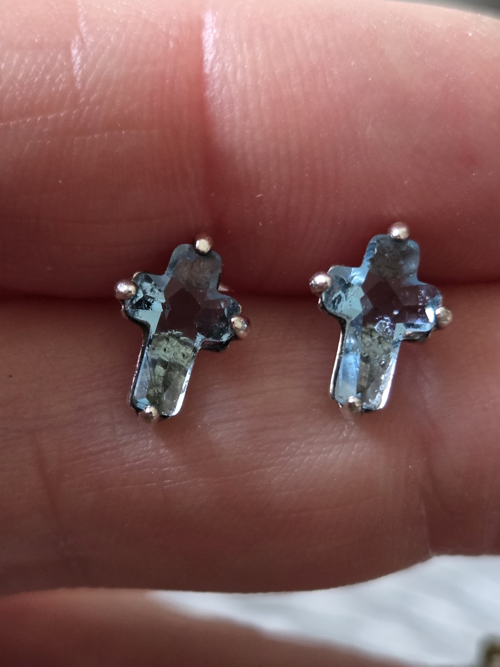 Genuine Blue Topaz Cross Stud Earrings  Sterling Silver